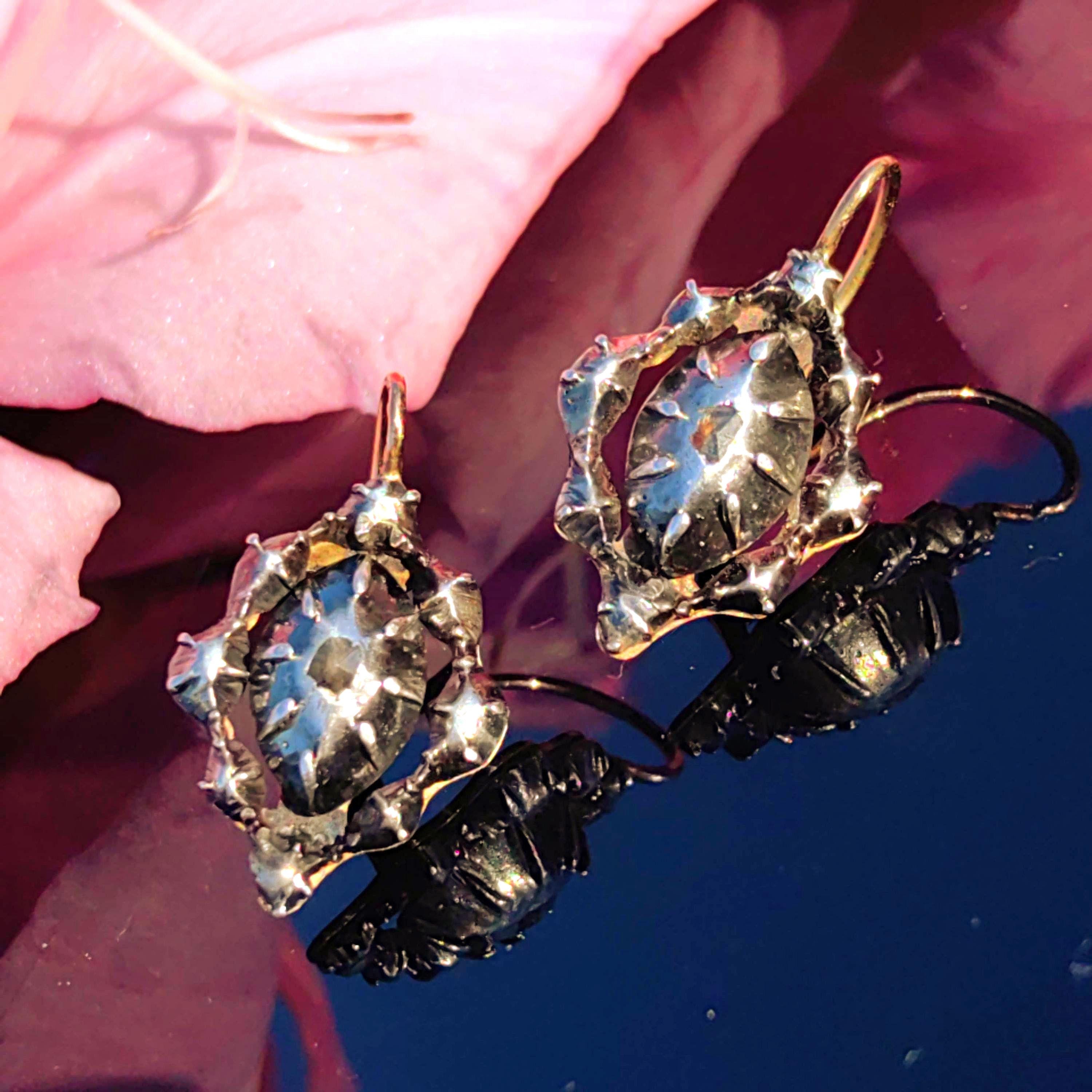 Baroque Diamond Earrings: Victorian 14K Gold & Silver Dormeuses