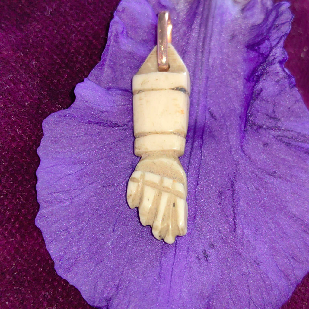 Victorian Bone and Solid Yellow 14k Gold Hand Carved Fist Fortune Luck Power Necklace Pendant Bracelet Charm Gift Handmade Present