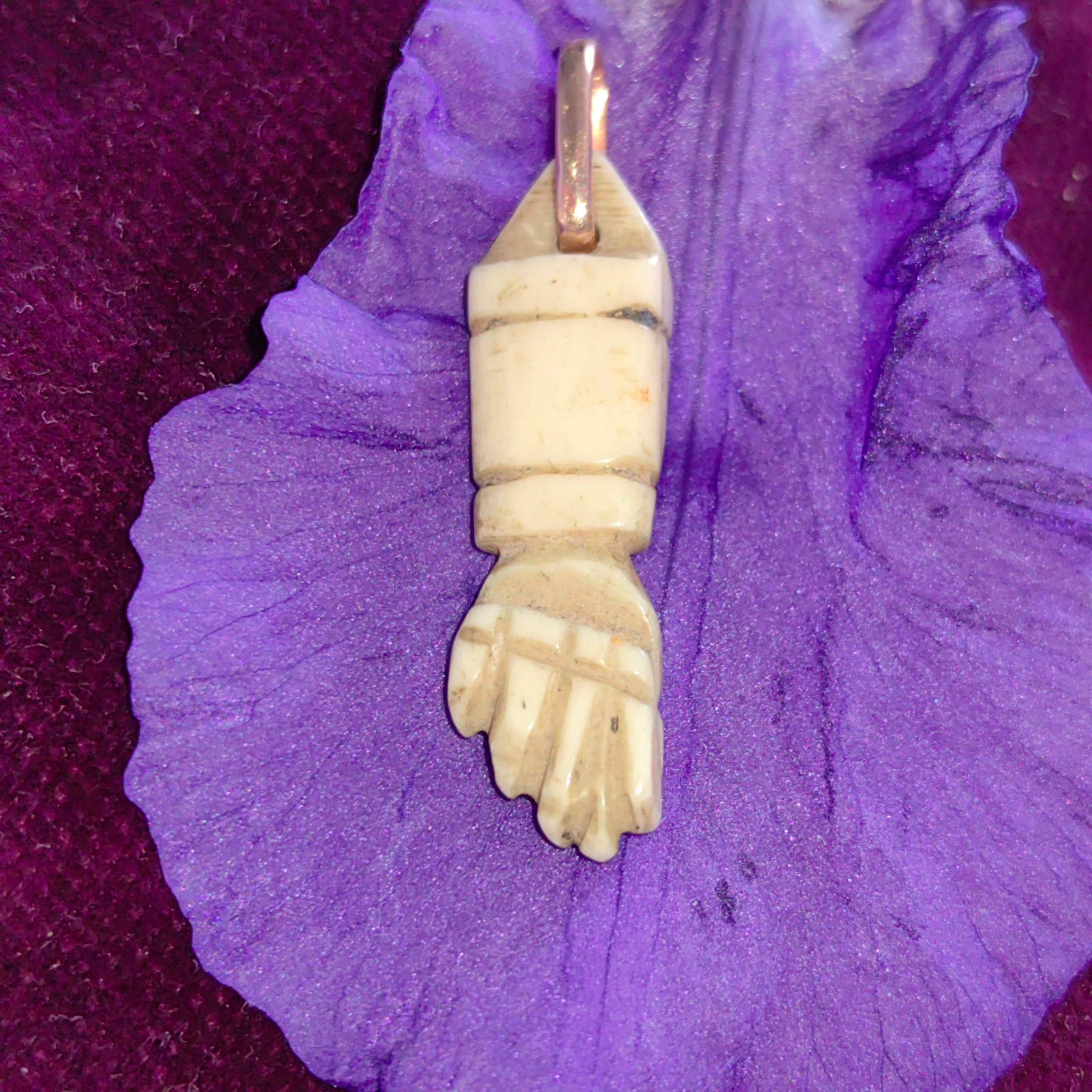 Victorian Bone and Solid Yellow 14k Gold Hand Carved Fist Fortune Luck Power Necklace Pendant Bracelet Charm Gift Handmade Present