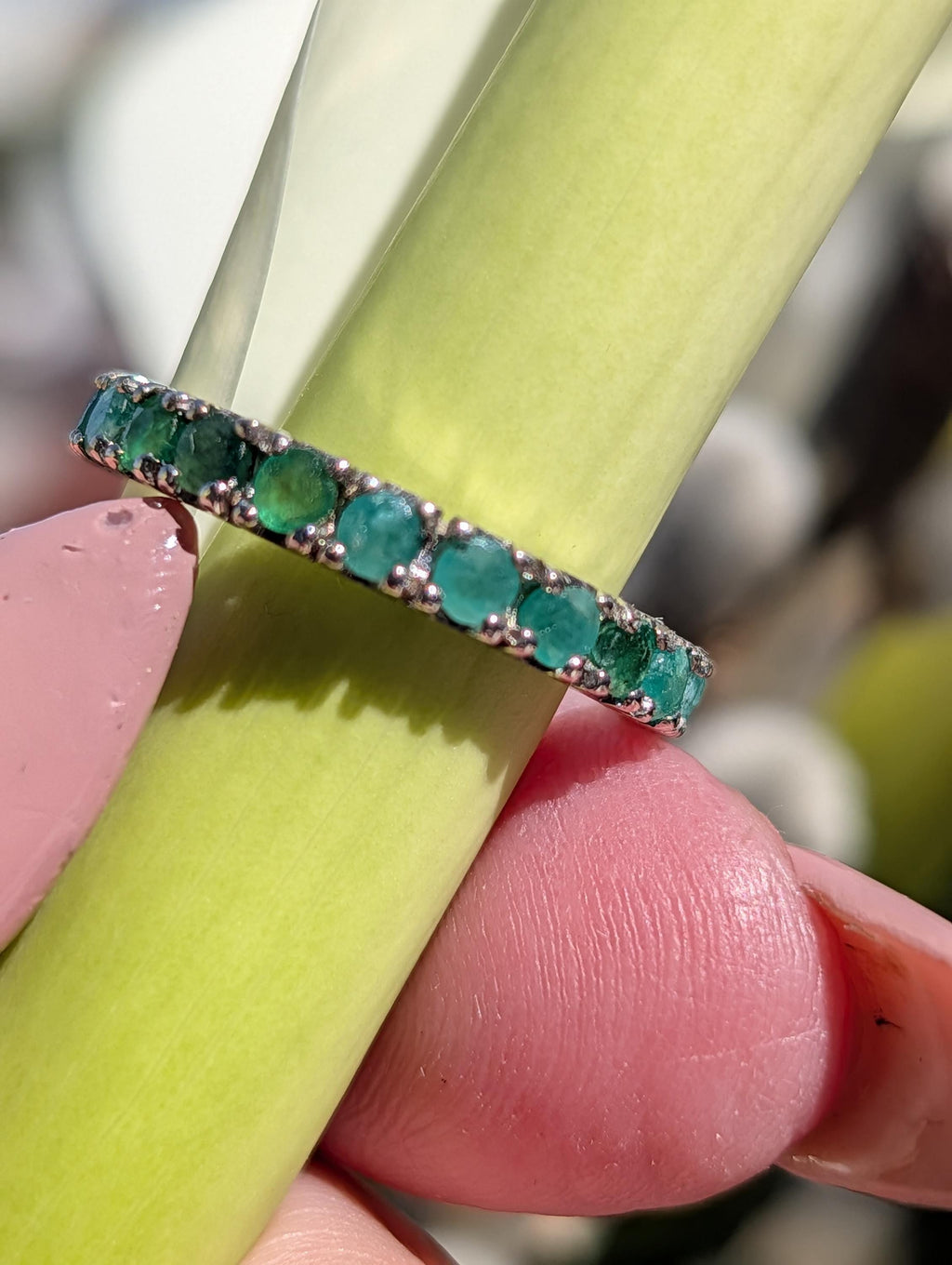 Vintage Natural Emerald Eternity Setting18k Solid White Gold Ring  Stackable Green Engagement  Band Gift for Her Present