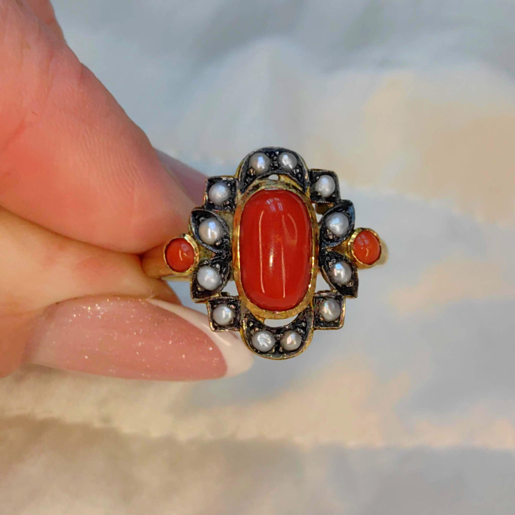 Art Deco 18k Solid Yellow Gold Bright Red Coral Gray Dainty Pearl Statement Ring Retro 1940s Geometric Ring Gift Present