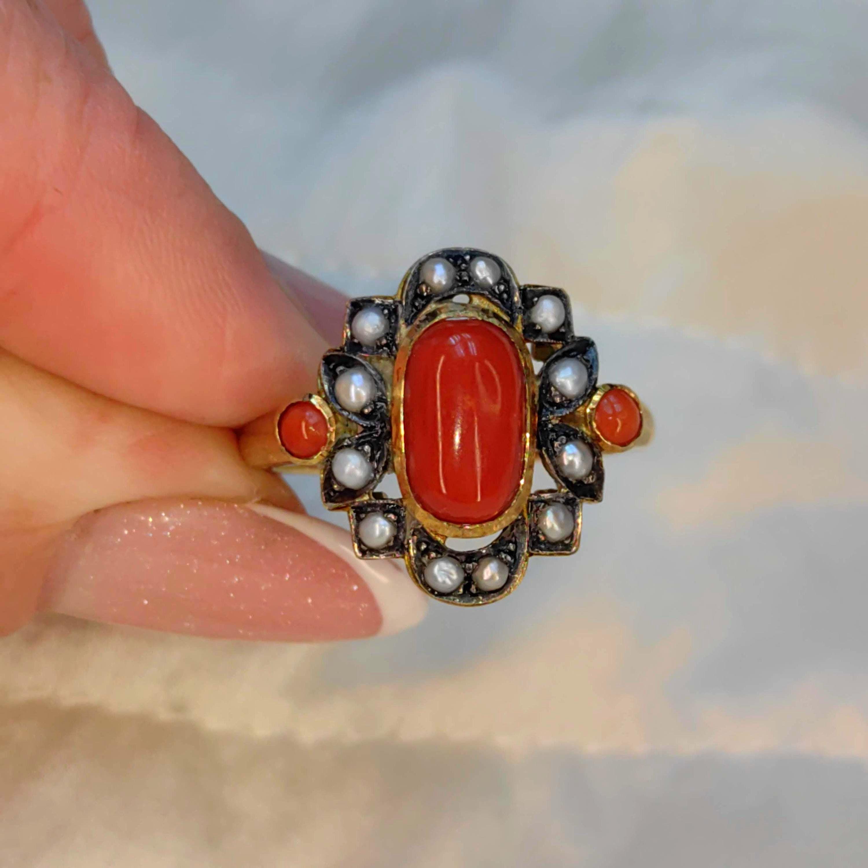 Art Deco 18k Solid Yellow Gold Bright Red Coral Gray Dainty Pearl Statement Ring Retro 1940s Geometric Ring Gift Present