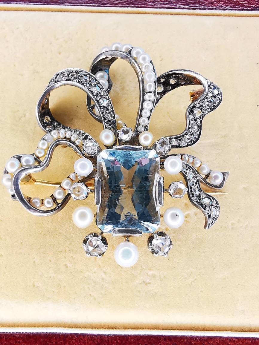 Victorian Blue Aquamarine Statement Brooch Elegant Pendant 14k Solid Gold Diamond & Pearl Bow Necklace Gift