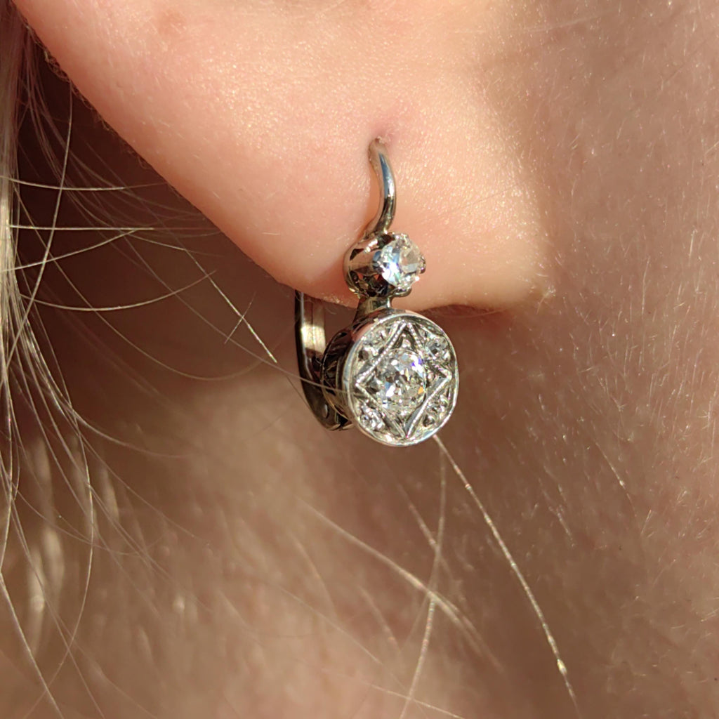 1920s Diamond Sleeper Earrings: Antique 14k White Gold Wedding Jewelry