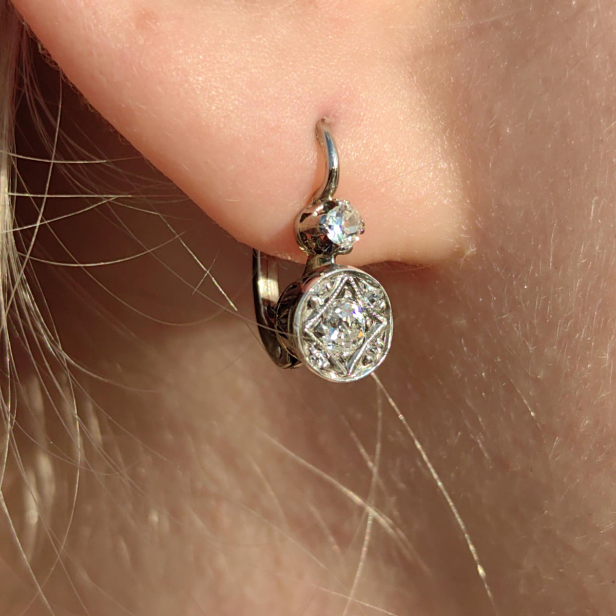 1920s Diamond Sleeper Earrings: Antique 14k White Gold Wedding Jewelry