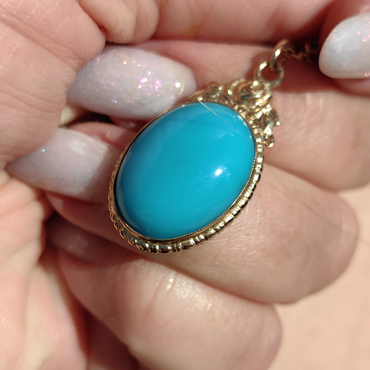 Art Deco 1920s Turquoise large oval quality natural mined Solid 14k Hallmarked Yellow Rose Gold Pendant Charm Necklace gift