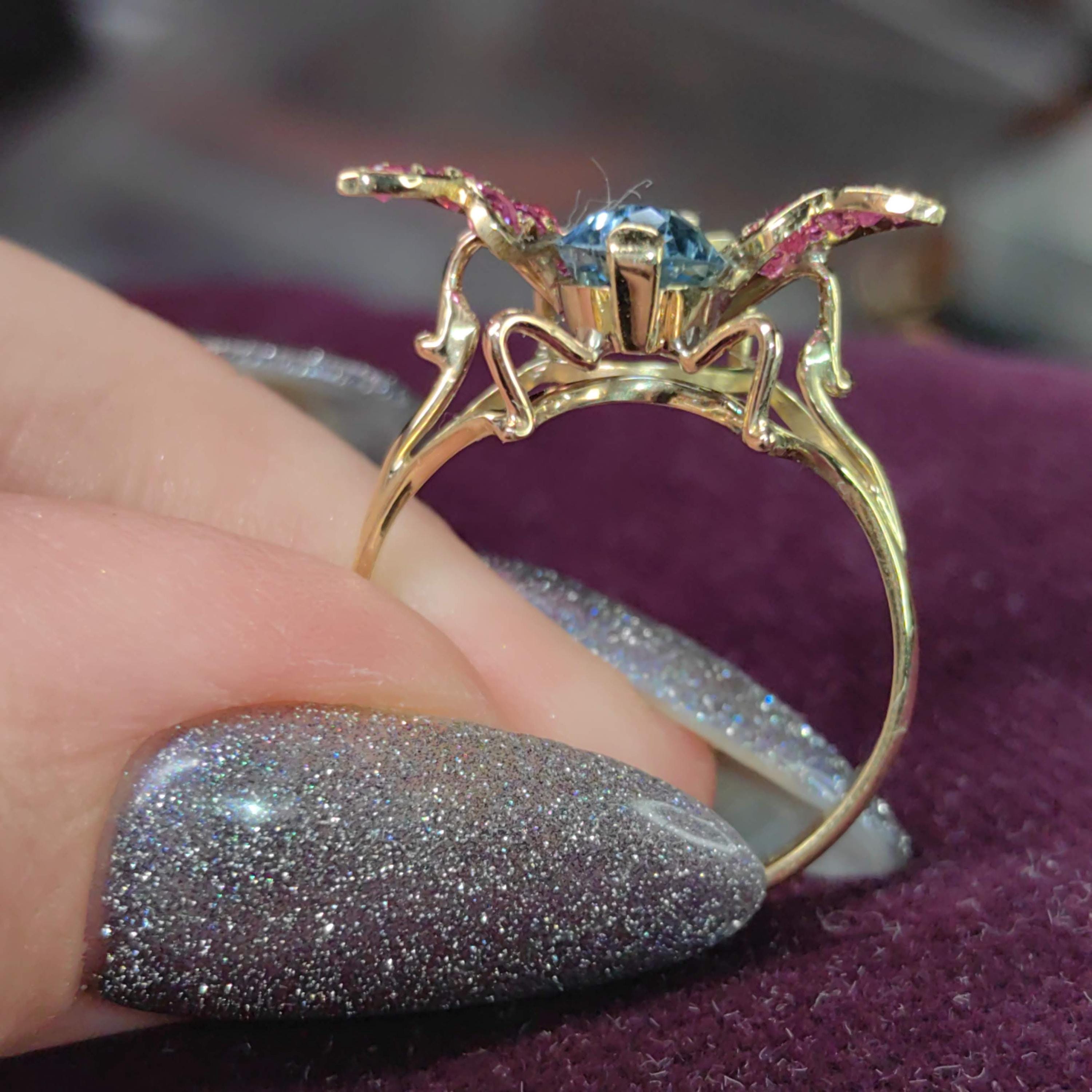 Vintage Light Blue Topaz Red  Ruby Solid 18k Yellow Gold Insect Fly Bee Statement Ring Mid Century 1950s Elegant Gift for Her  Present