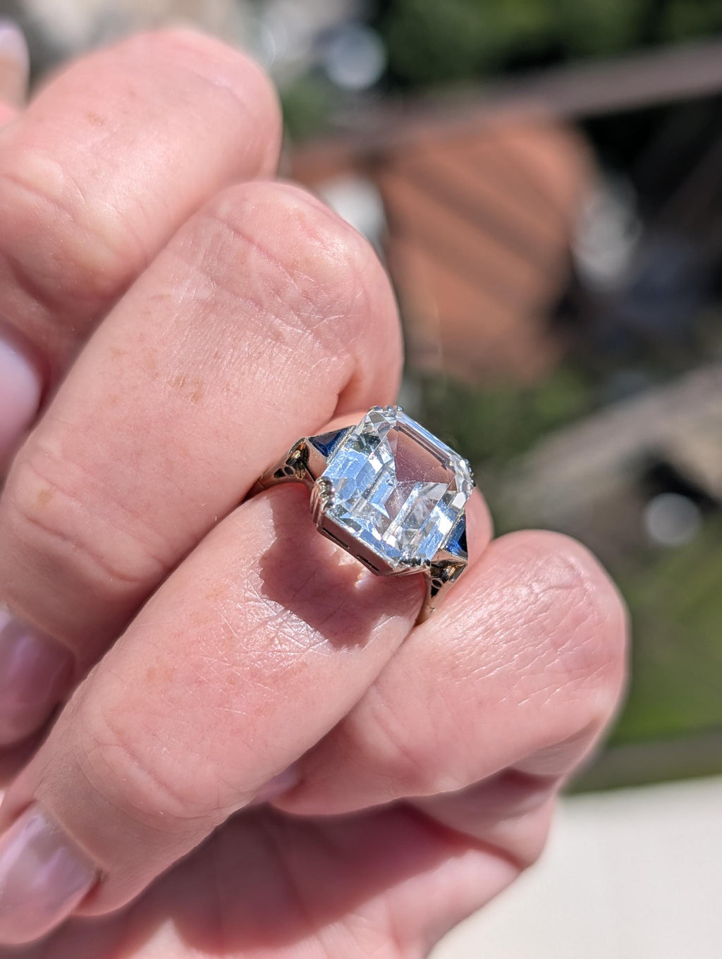 RESERVED!! French Art Deco Goshenite Sapphire Ring, 18k Gold Emerald Cut Beryl Cocktail Ring