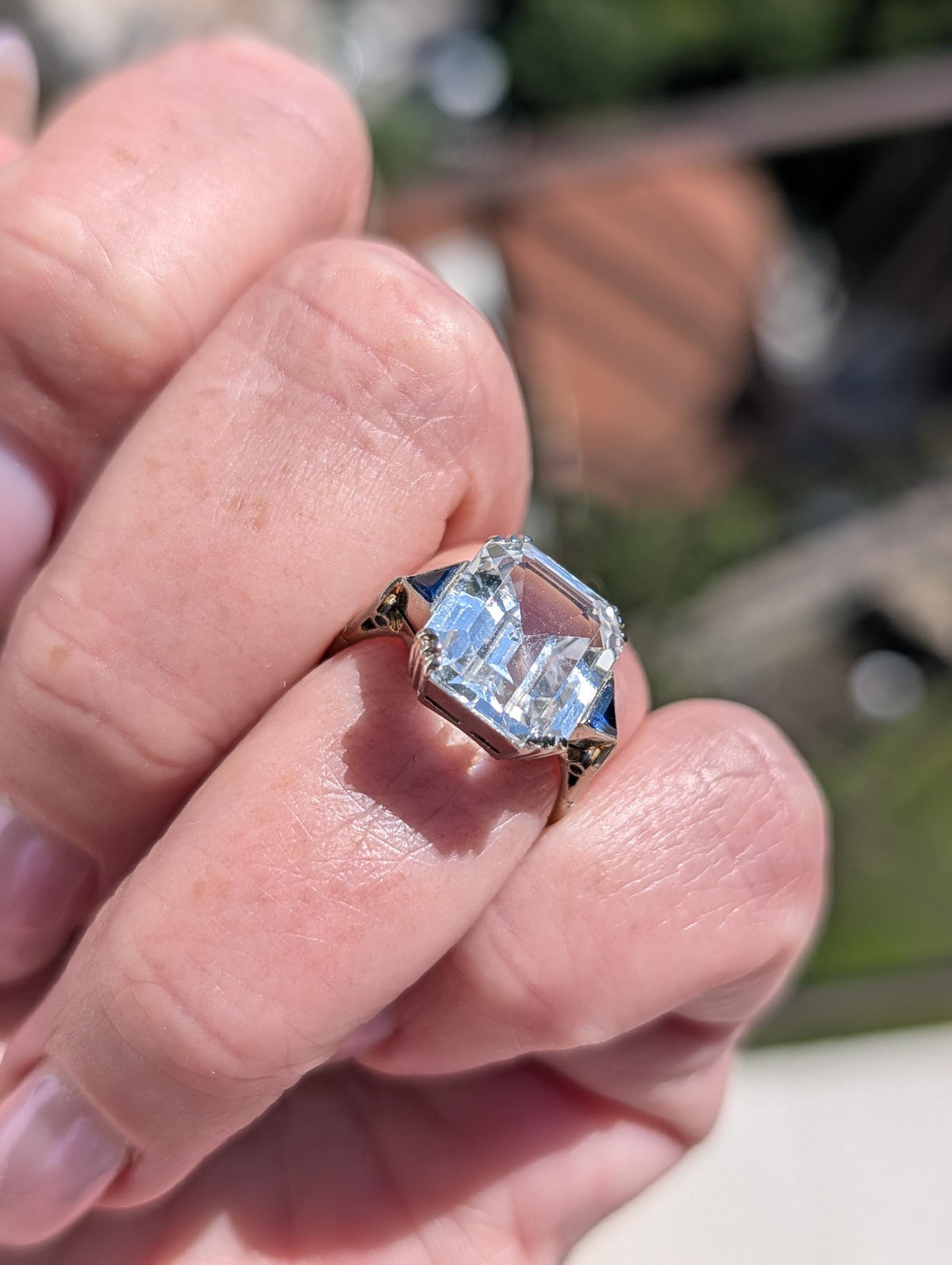 RESERVED!! French Art Deco Goshenite Sapphire Ring, 18k Gold Emerald Cut Beryl Cocktail Ring