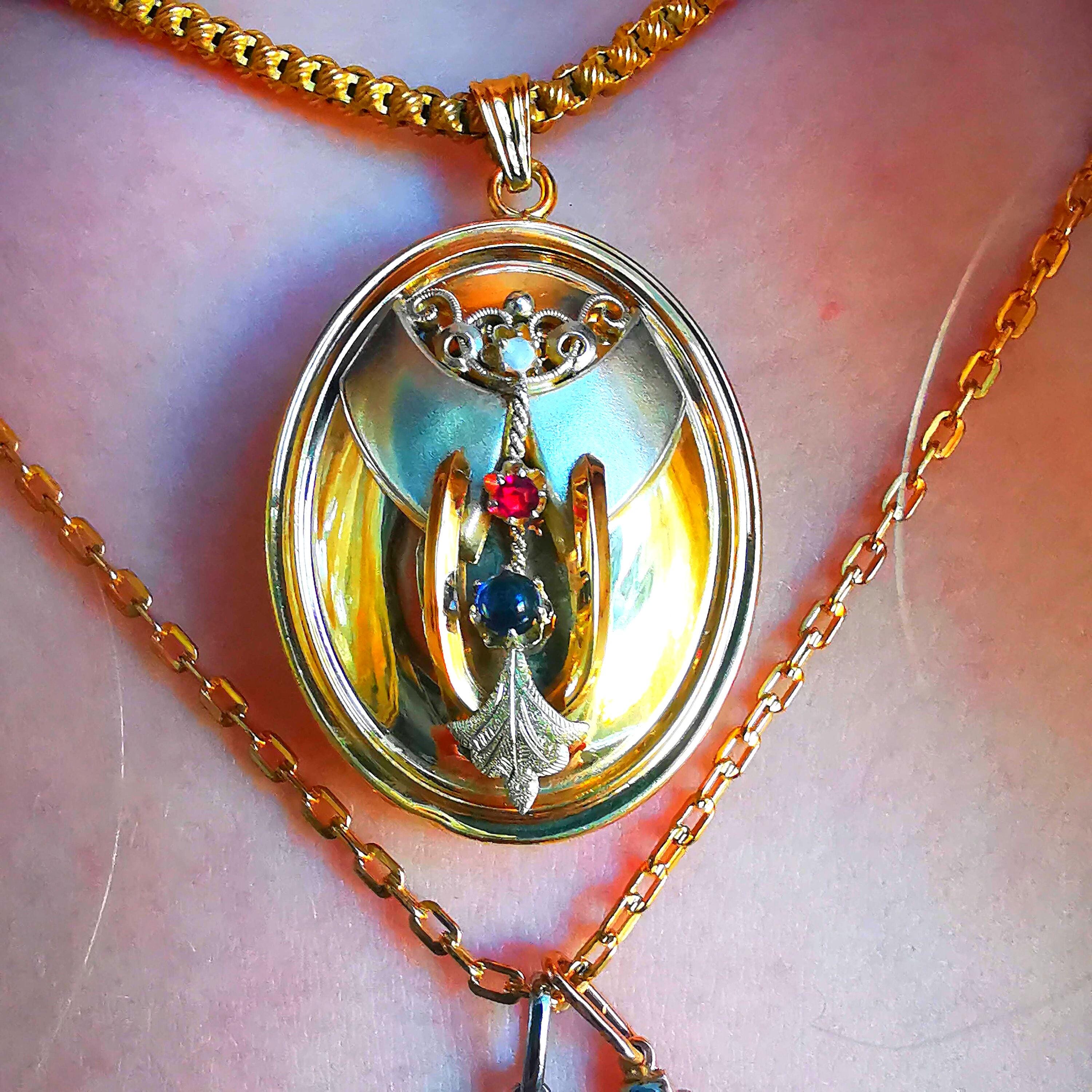 Victorian Gold Plated Silver Locket Pendant for two photos with artificial gems 1870s
