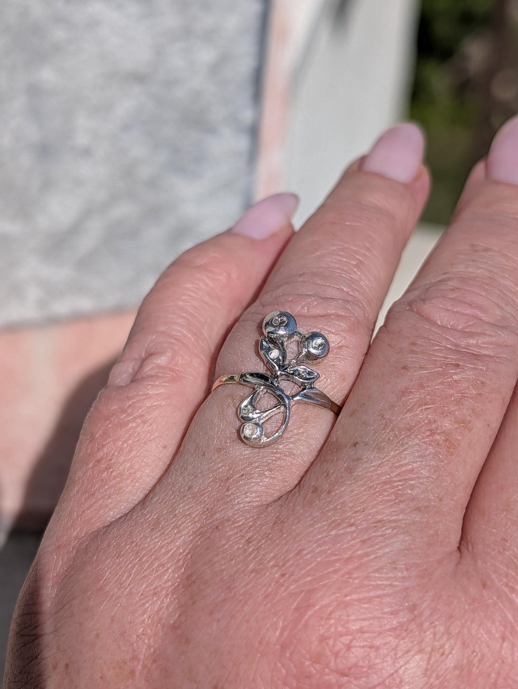 Antique Art Nouveau Diamond Ring 14k Yellow Gold Silver, 1900s Floral Openwork Rose Diamond Engagement Ring, Size 10