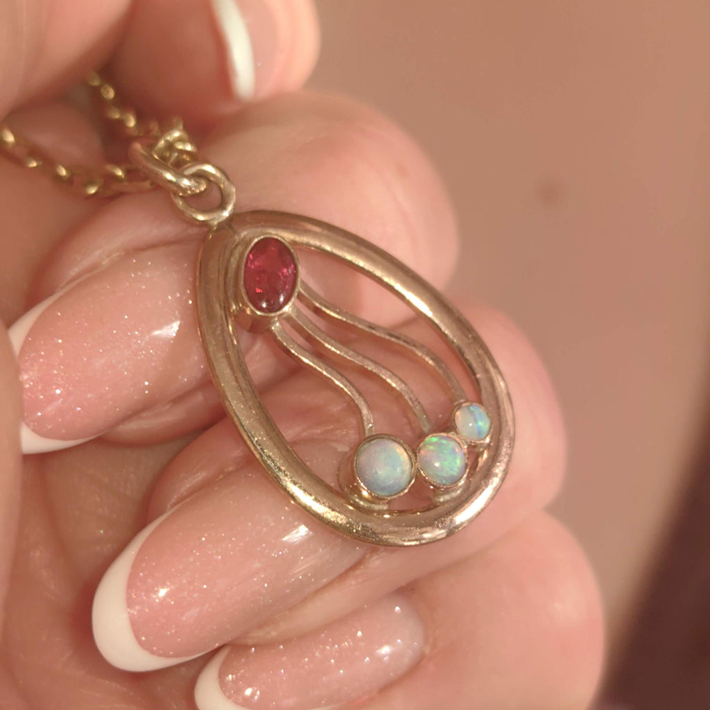 Vintage Opal Gold-Filled Metal Floral Flower Pendant 1900s Art Nouveau Elegant dainty Ruby Charm Necklace Medal Pendant Gift for Her Present
