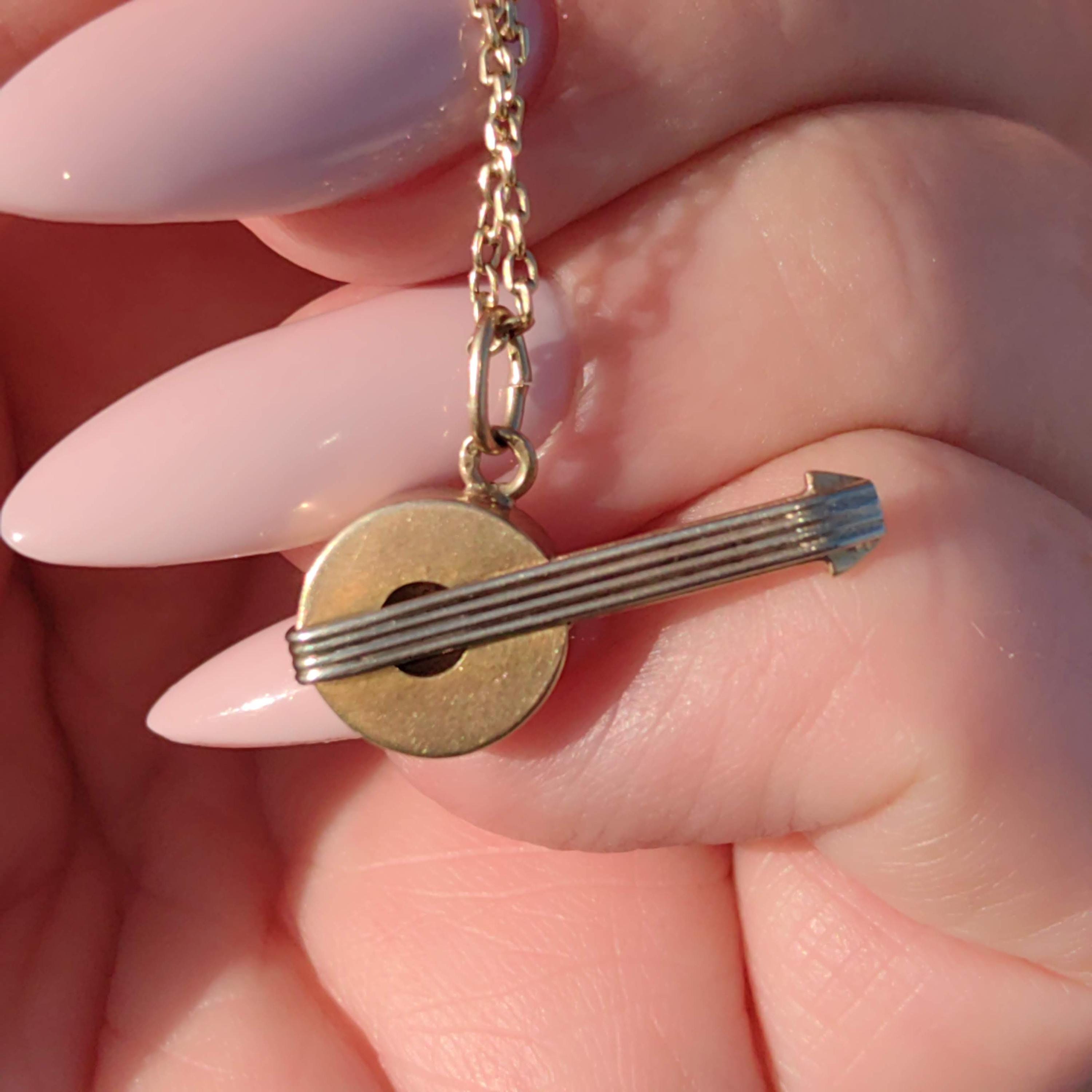 1920s Art Deco 14k Yellow Gold Banjo Pendant Charm