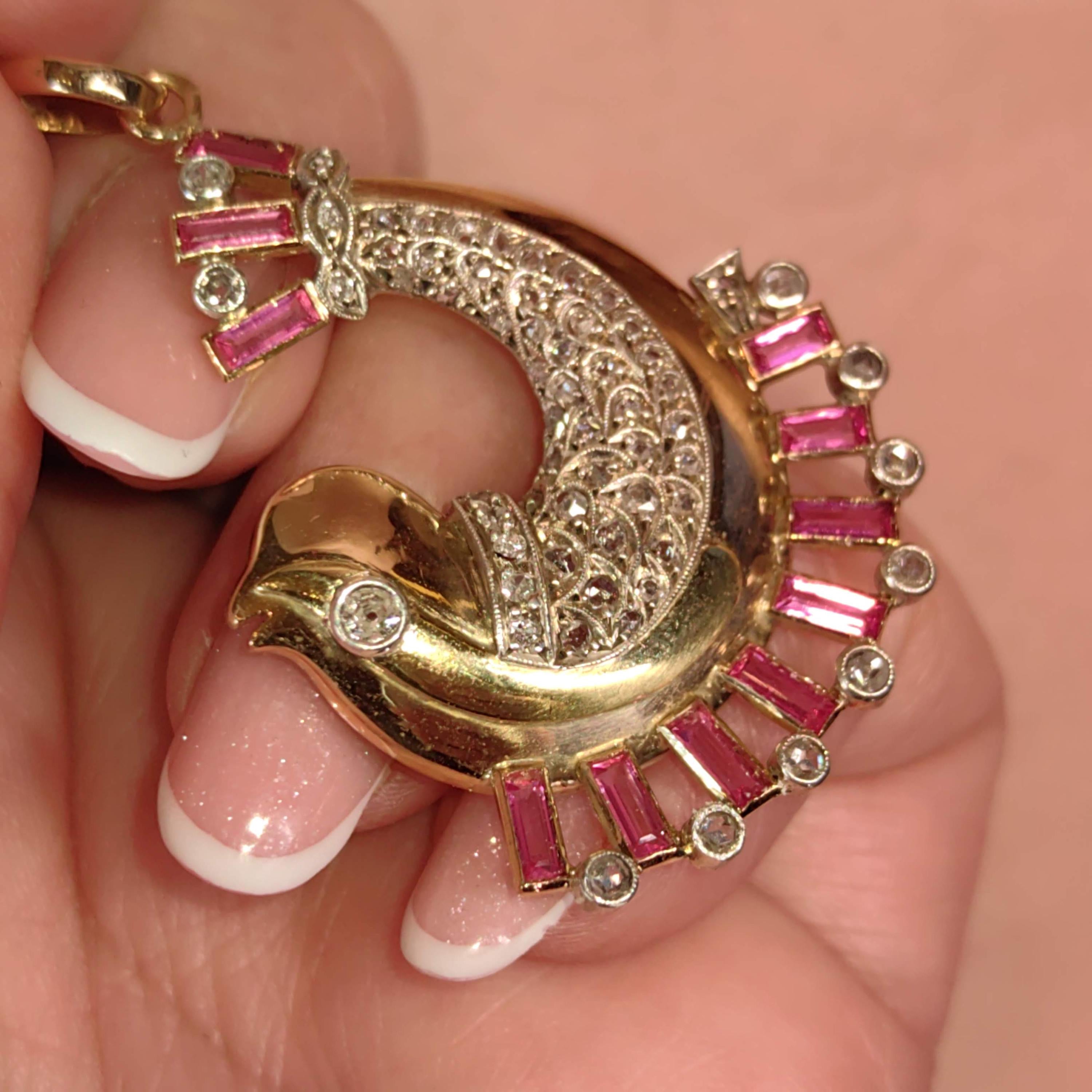 Art Deco 18K Gold Dolphin Pendant: Diamond & Ruby Accent