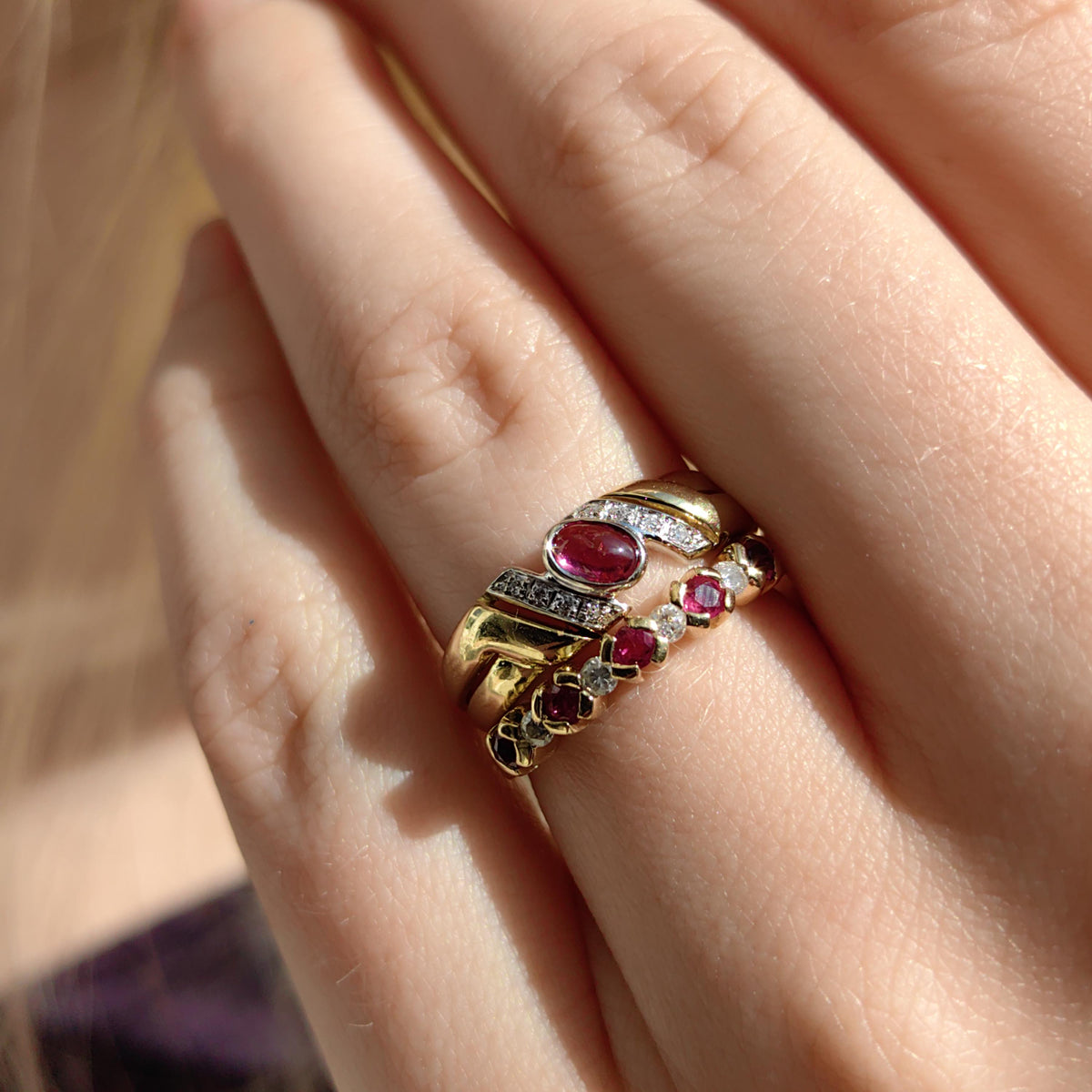 18k Yellow Gold Ruby Diamond Ring - Stackable Wedding Band