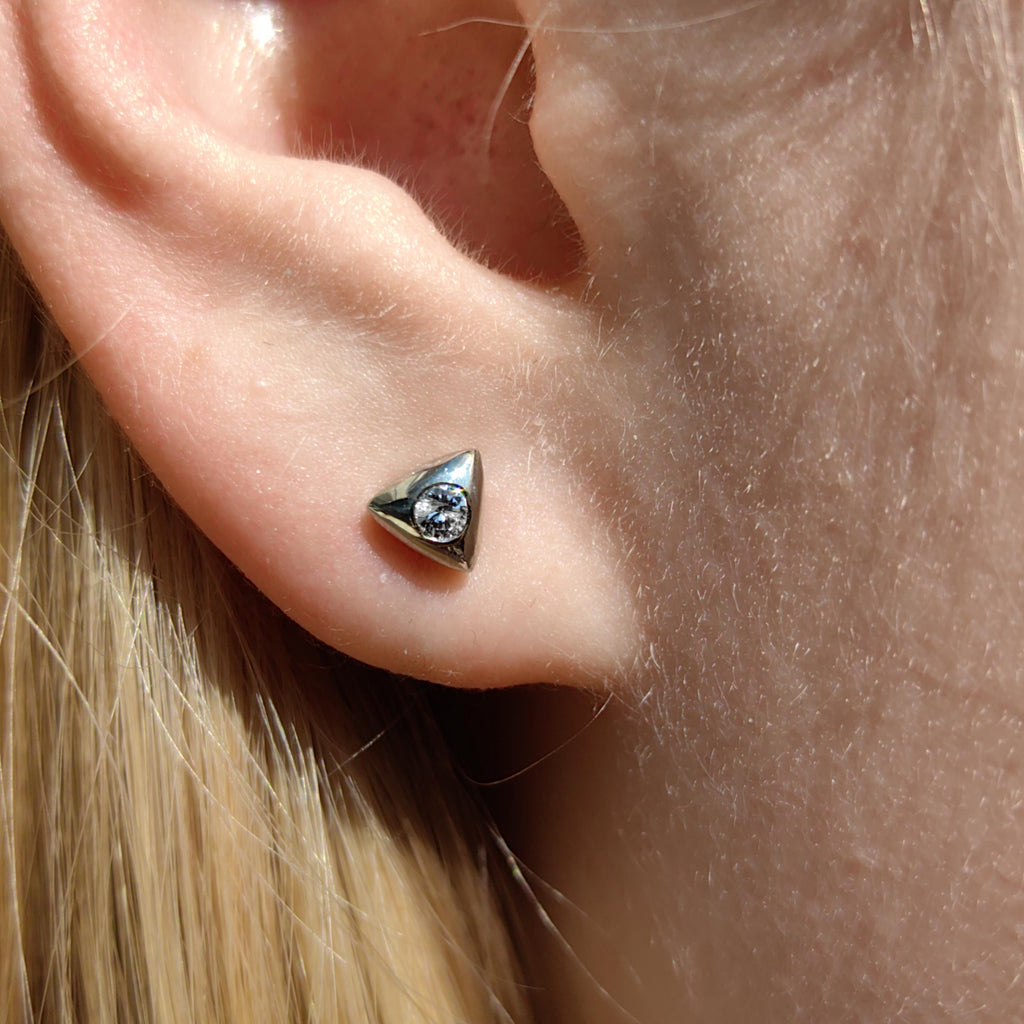Diamond 14k Yellow Gold Triangle Stud Earrings: Geometric Art Deco