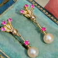 Vintage 18k Solid Yellow Gold Dangle and Drop Statement Earrings Ruby & Pearl Floral Design Gift for Her Present