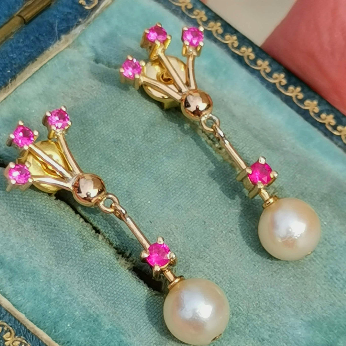 Vintage 18k Solid Yellow Gold Dangle and Drop Statement Earrings Ruby & Pearl Floral Design Gift for Her Present