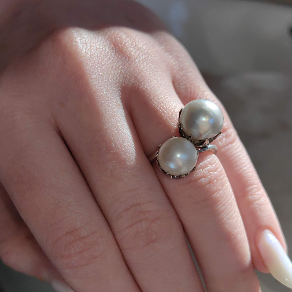 Antique Platinum Two-Tone Pearl Cocktail Ring - Size 5.5