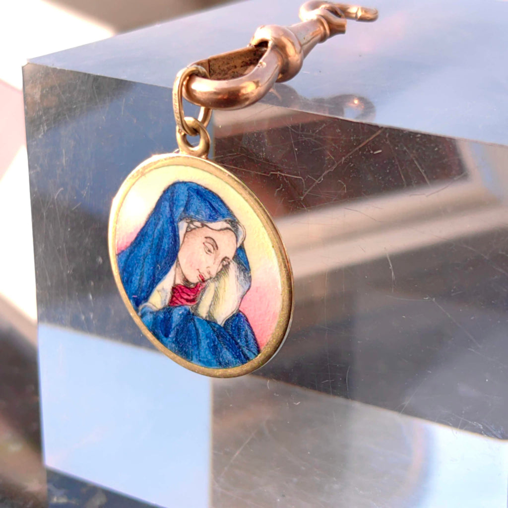 Vintage 14K Gold Virgin Mary Pendant: Hand-Painted Enamel Catholic Charm