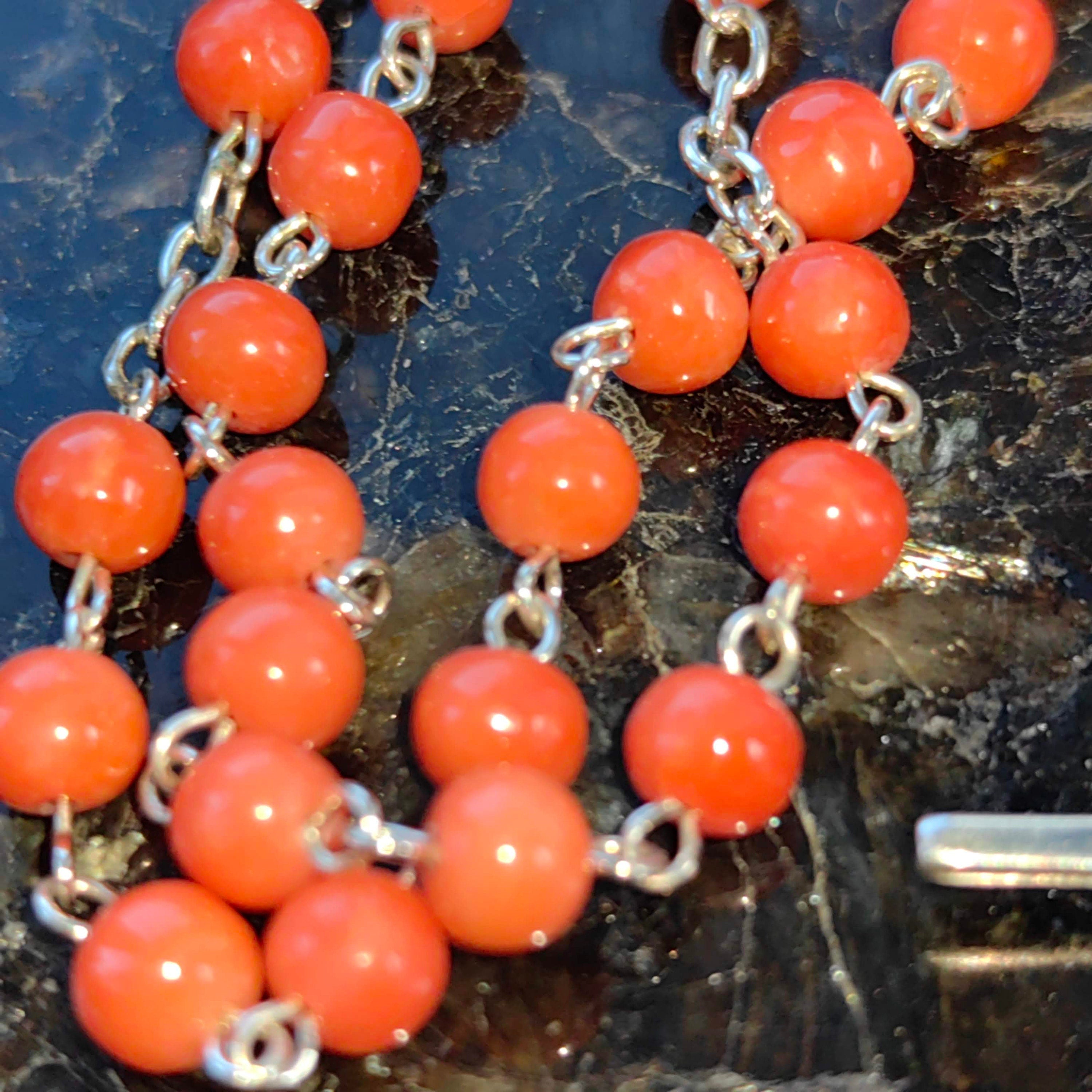 1930s Antique Coral Rosary Necklace: Silver Madonna, Jesus on Cross