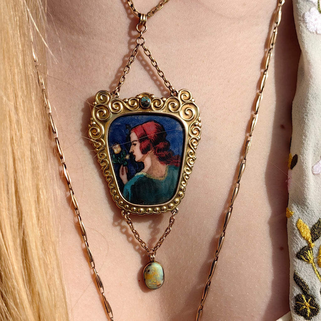 Art Nouveau Antique Vintage Gold Enamel Portrait Opal and Turquoise Pendant