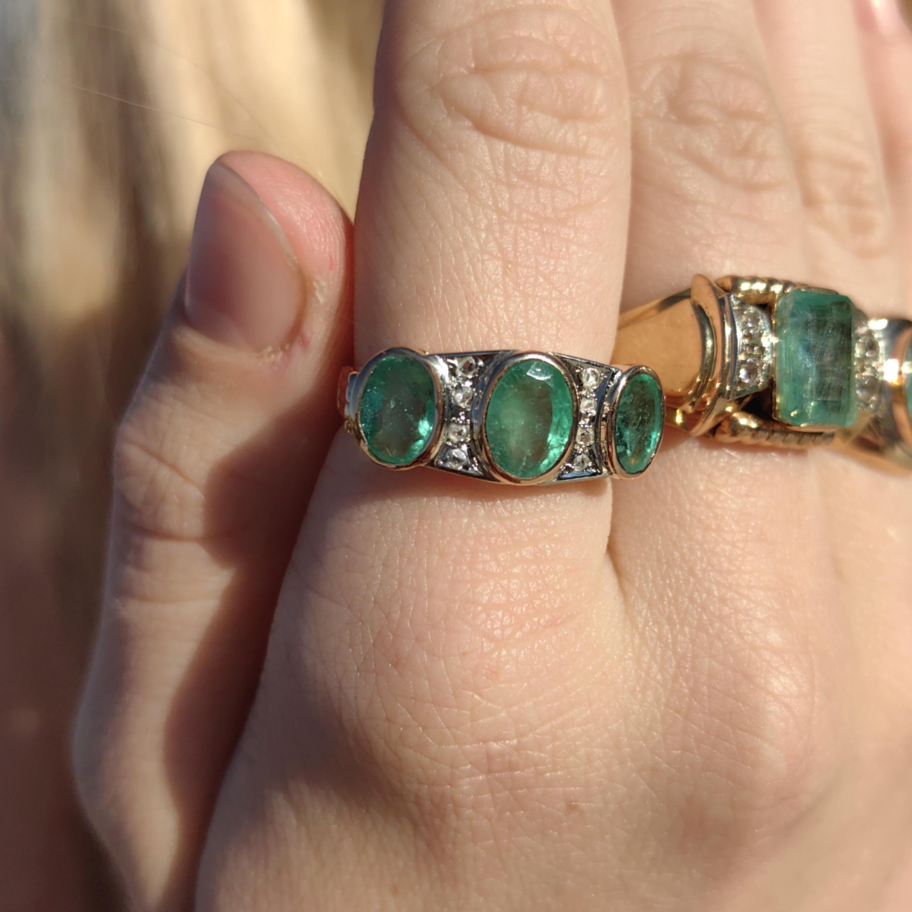 Original Art Deco 1930s Genuine not treated Emerald Three Stone Diamond White solid 14k Gold Chevalier Unisex Antique Vintage Ring