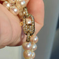 Vintage Pearl Beaded Necklace: 0.75 ct Diamond 18k Yellow Gold Lock