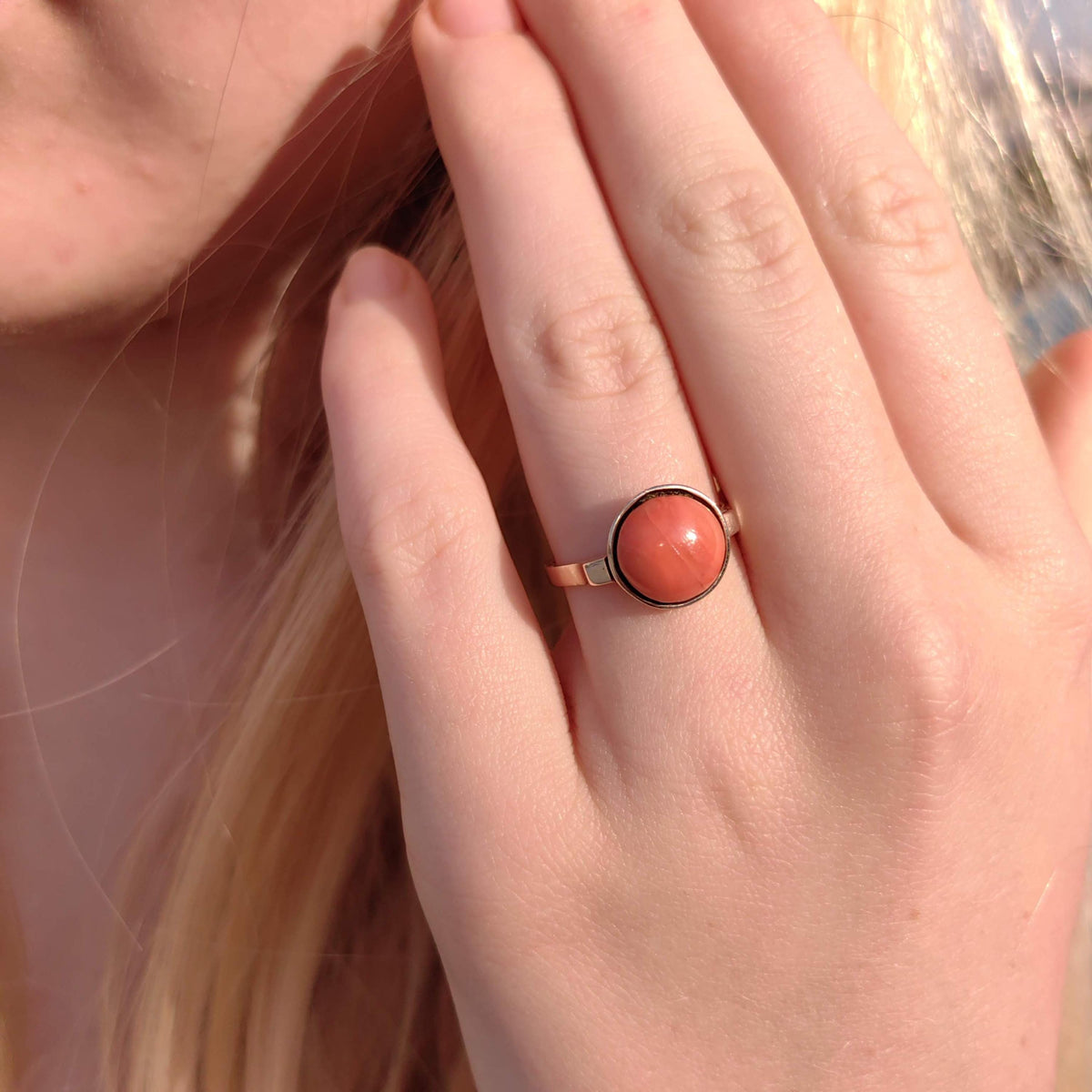 Antique Vintage Mediterranean Round Red Coral  Hallmarked Yellow Gold Late Art Deco 1940s Ring