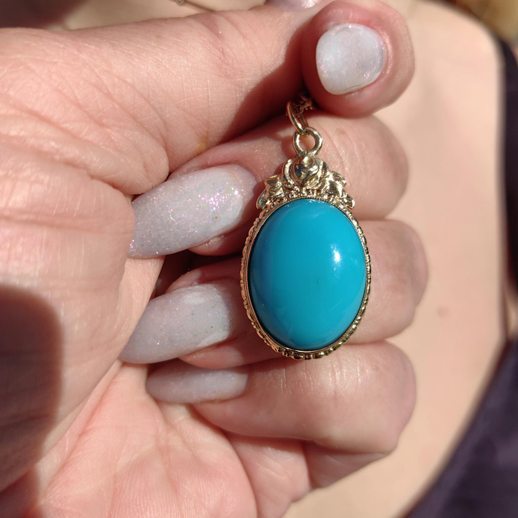 Art Deco 1920s Turquoise large oval quality natural mined Solid 14k Hallmarked Yellow Rose Gold Pendant Charm Necklace gift