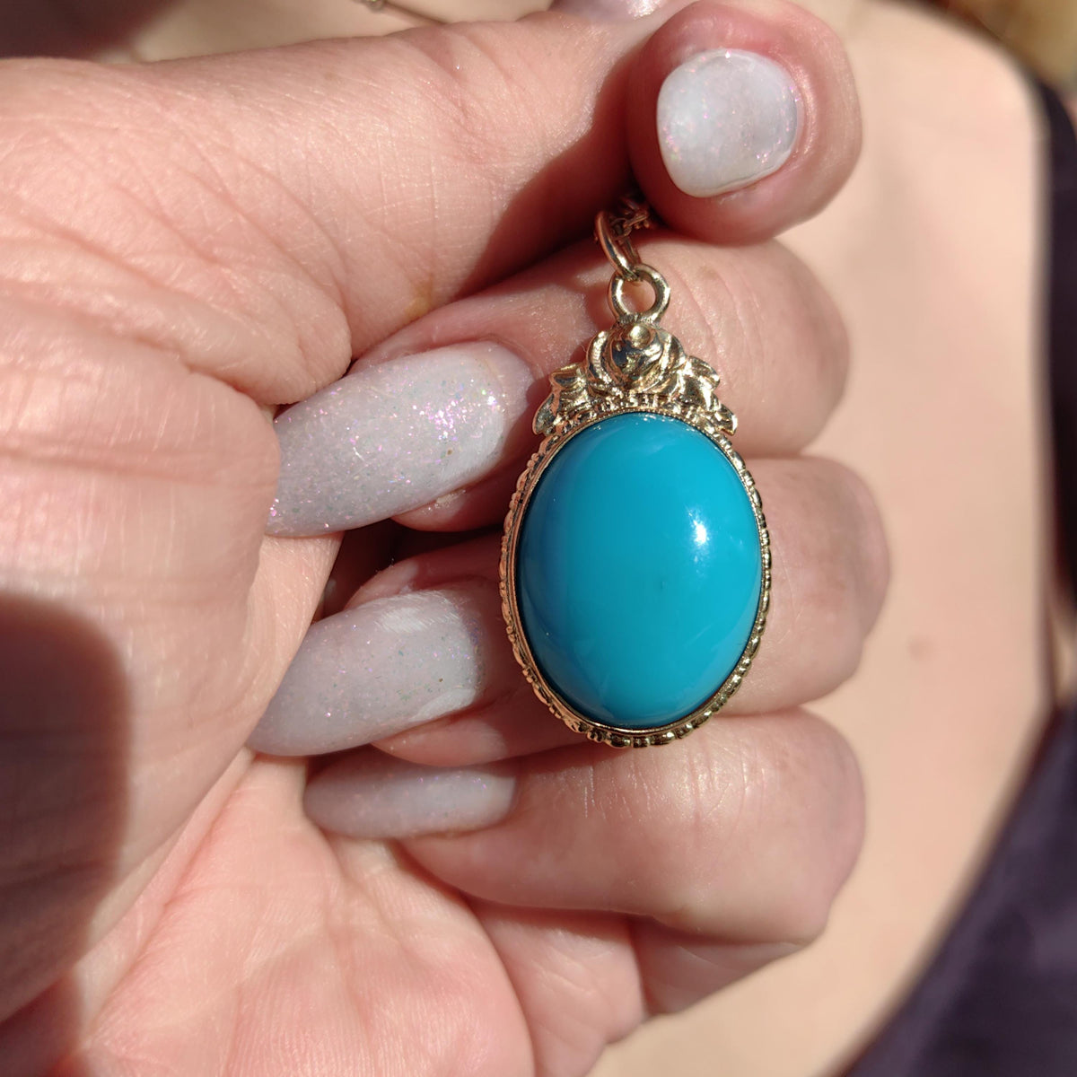 Art Deco 1920s Turquoise large oval quality natural mined Solid 14k Hallmarked Yellow Rose Gold Pendant Charm Necklace gift