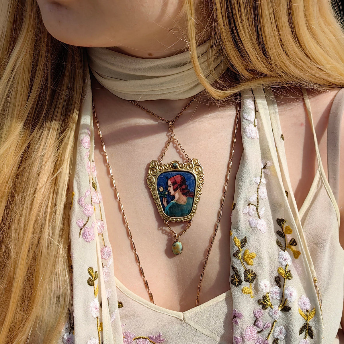 Art Nouveau Antique Vintage Gold Enamel Portrait Opal and Turquoise Pendant