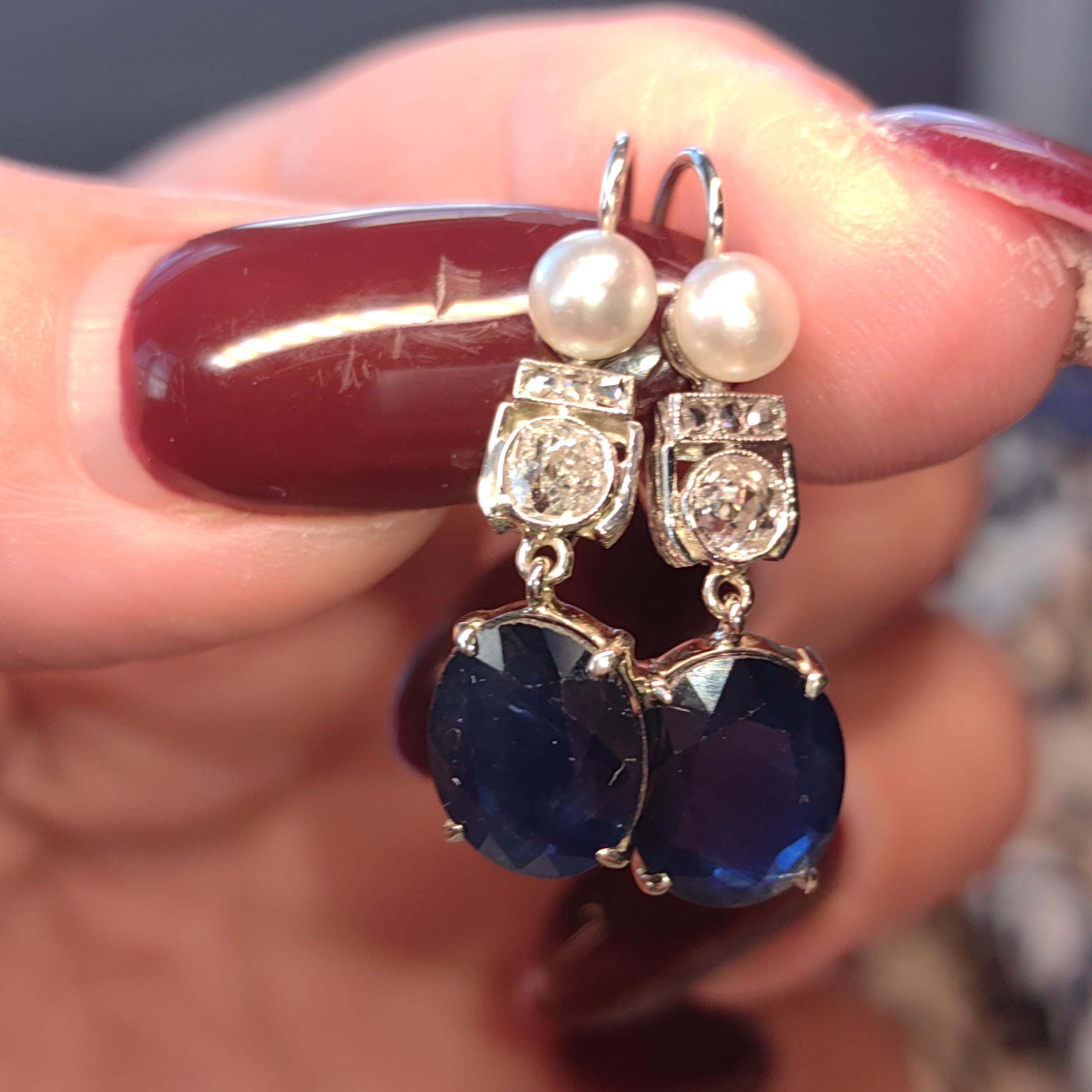 Art Deco Natural Sapphire Diamond Pearl Solid 18k White Gold Dangle Drop 1920s Antique Vintage Elegant Edwardian Earrings Gift for Her