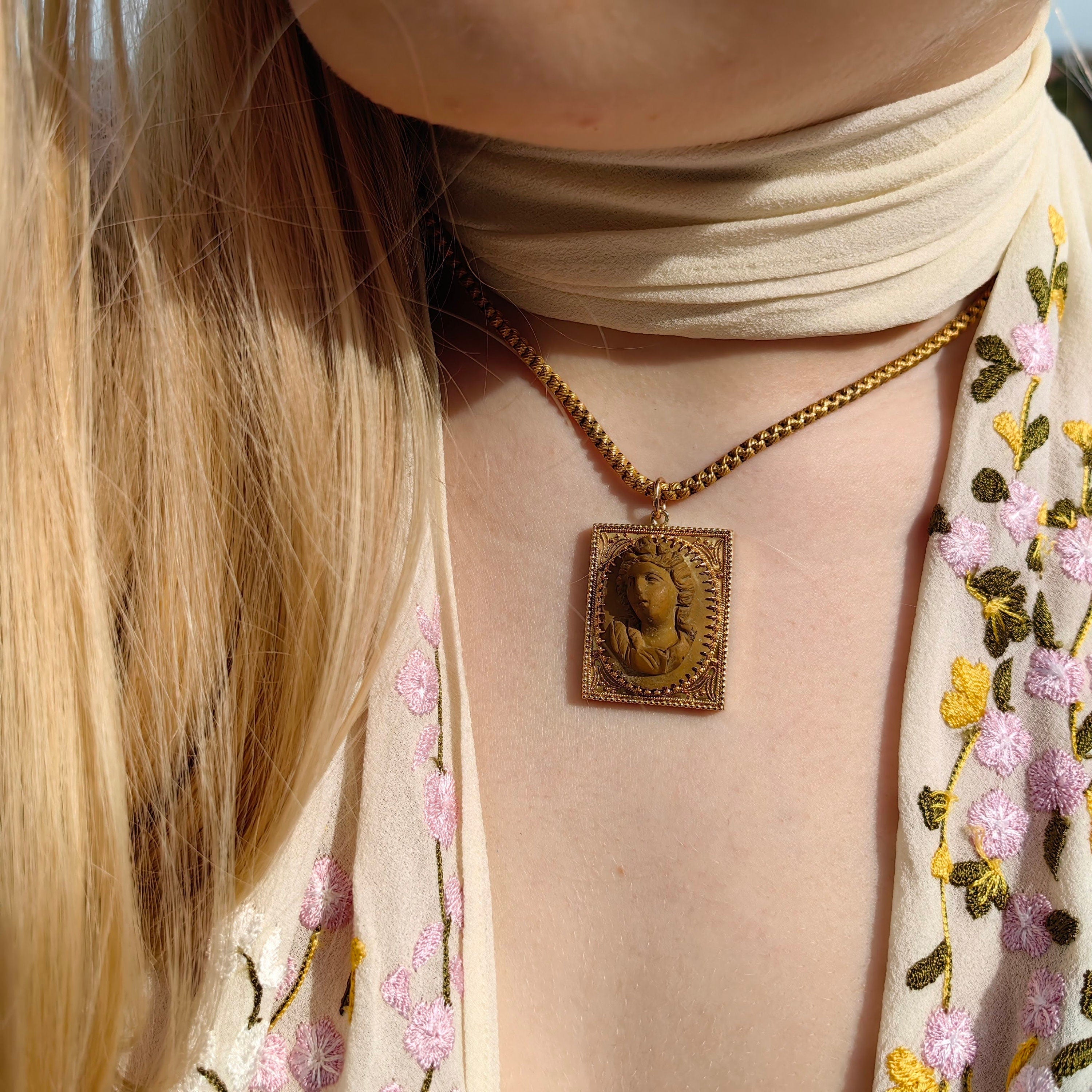 Antique Hand Carved Lava Cameo Pendant: 14k Solid Gold Framed Relief