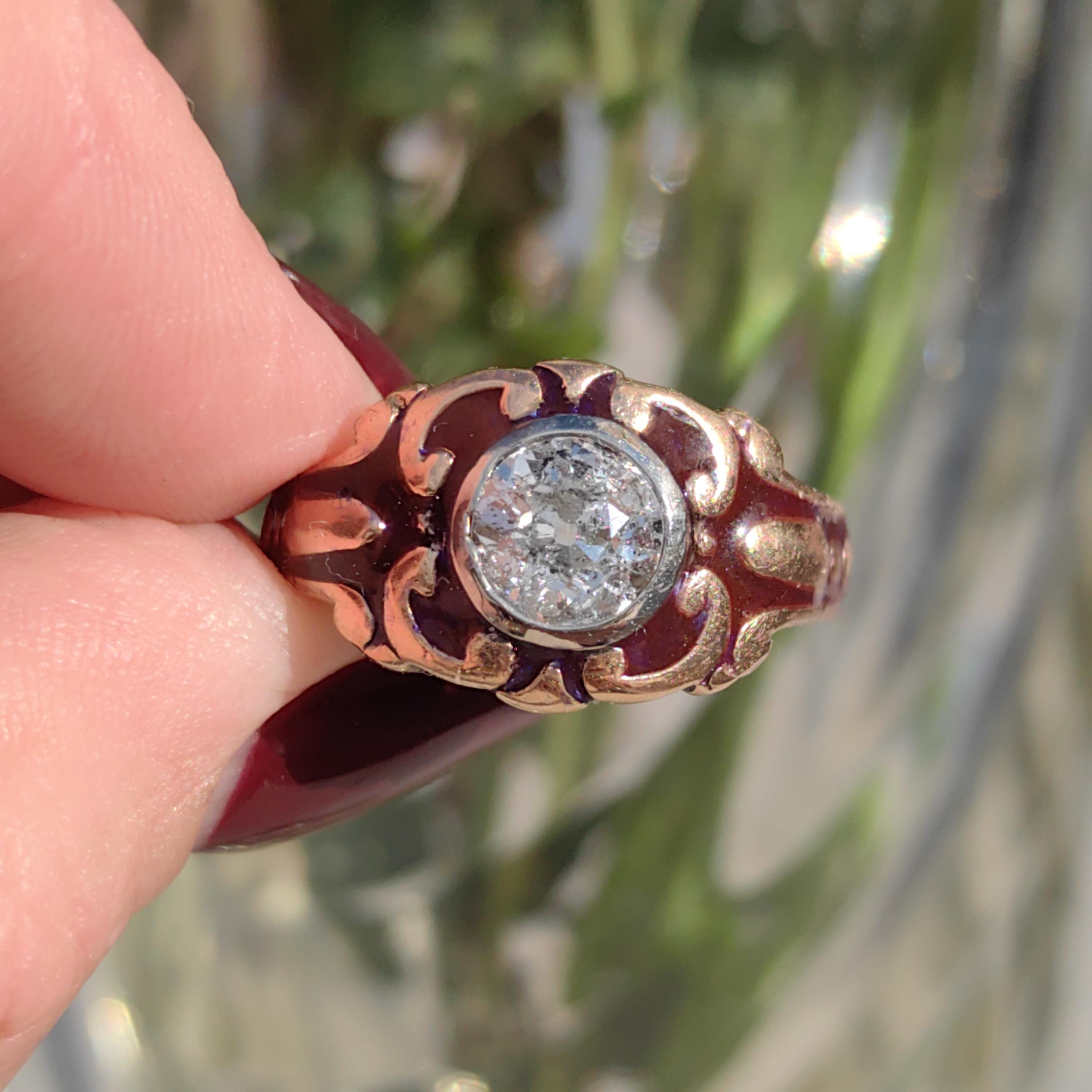 Diamond Victorian 1890s Solid 18k Gold dark Purple Aubergine Enamel Antique Engagement Statement Ring Elegant Vintage Gift for Her