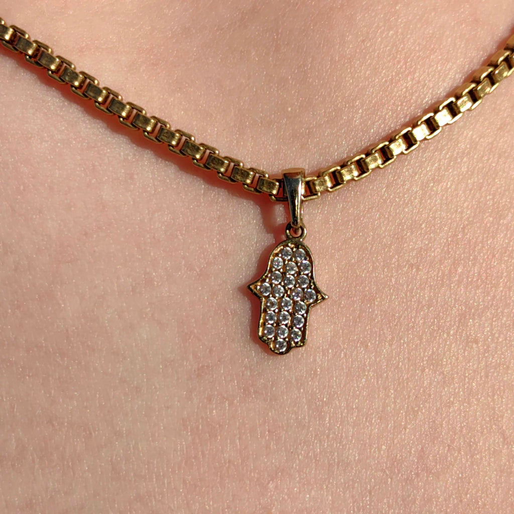 Vintage Cubic Zirconia Solid 9k Hallmarked Yellow Gold Hand of Hamsa Hand of Fatima  Middle Eastern Protection Luck Pendant Bracelet Charm