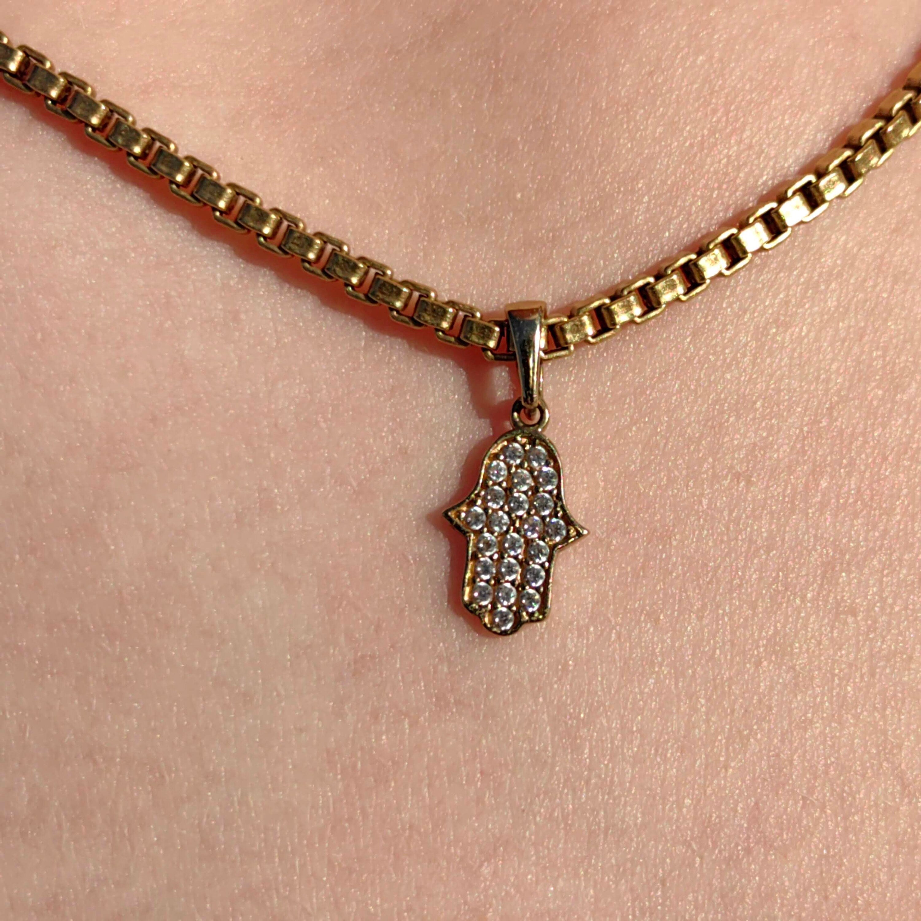 Vintage Cubic Zirconia Solid 9k Hallmarked Yellow Gold Hand of Hamsa Hand of Fatima  Middle Eastern Protection Luck Pendant Bracelet Charm