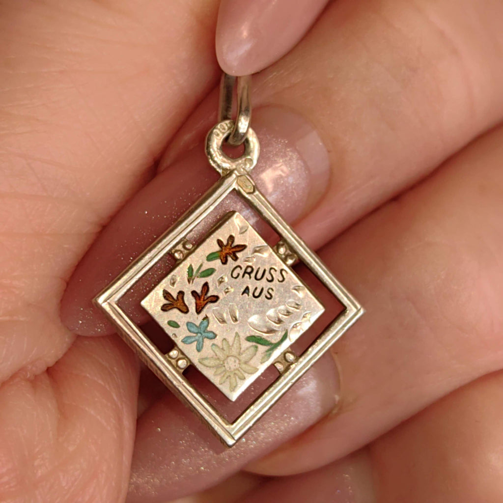 Art Nouveau Antique Vintage 1900s Silver Fire Enamel Floral Flower Gruss Aus hand painted Miniature Pendant