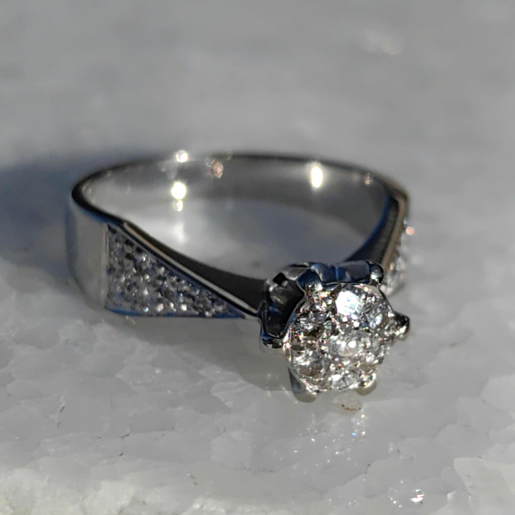 Vintage Diamond Cluster Ring: 14k White Gold Engagement Ring, Size 6.5