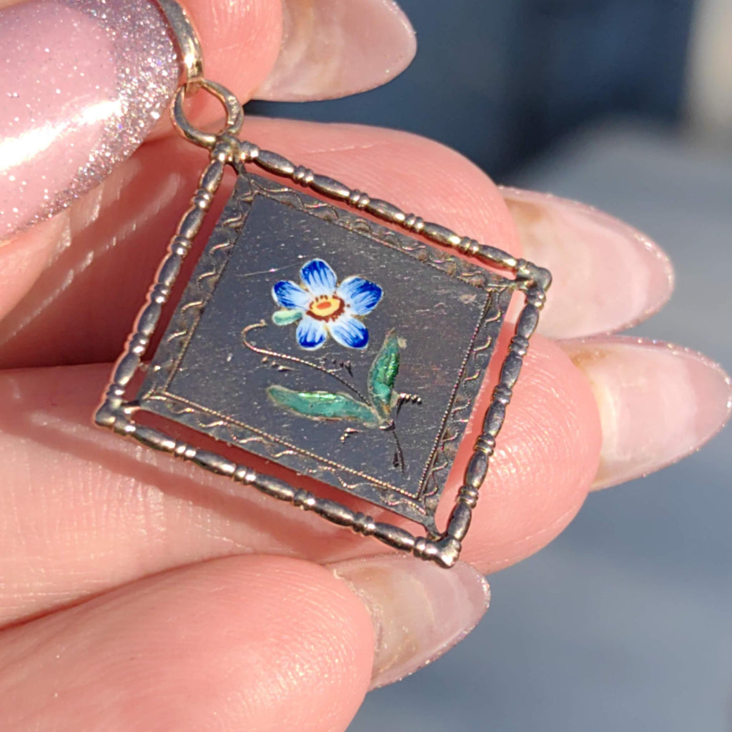 Art Nouveau 14k Gold Enamel Flower Pendant: Antique Miniature Charm