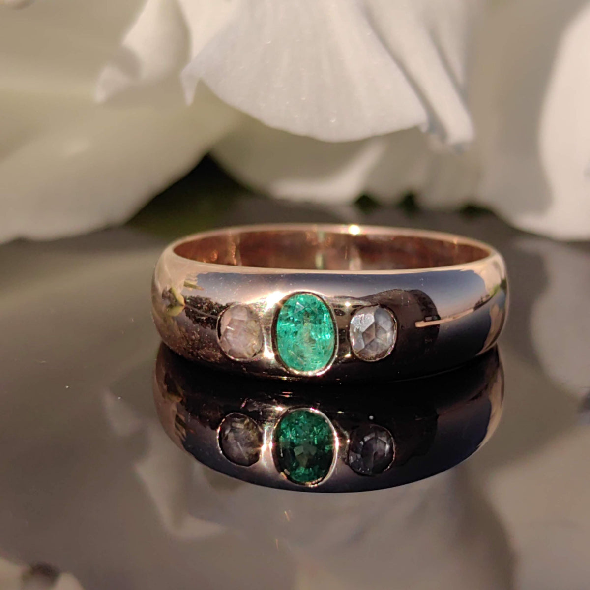 Victorian Emerald & Diamond Ring: 14k Yellow Gold Bezel Setting