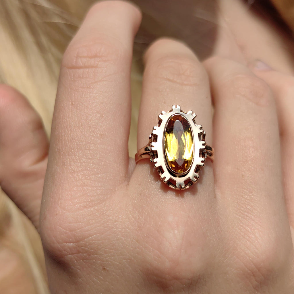 Art Deco Citrine Statement Ring: 14k Yellow & Rose Gold, 1940s Vintage