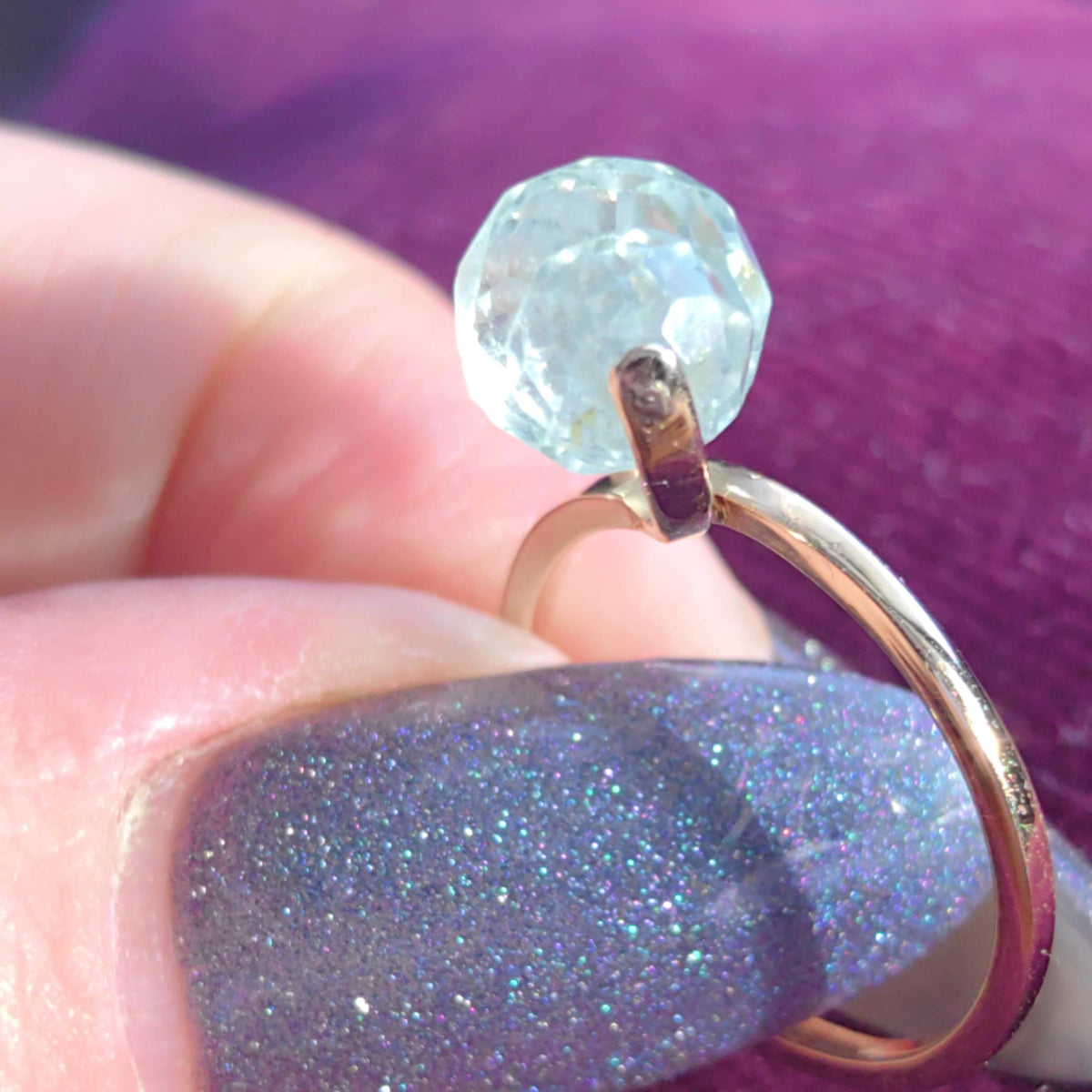 Light Blue Natural Aquamarine Solid 14k Yellow Gold 1980s Vintage Ring Geometric Band Elegant Gift for her Present