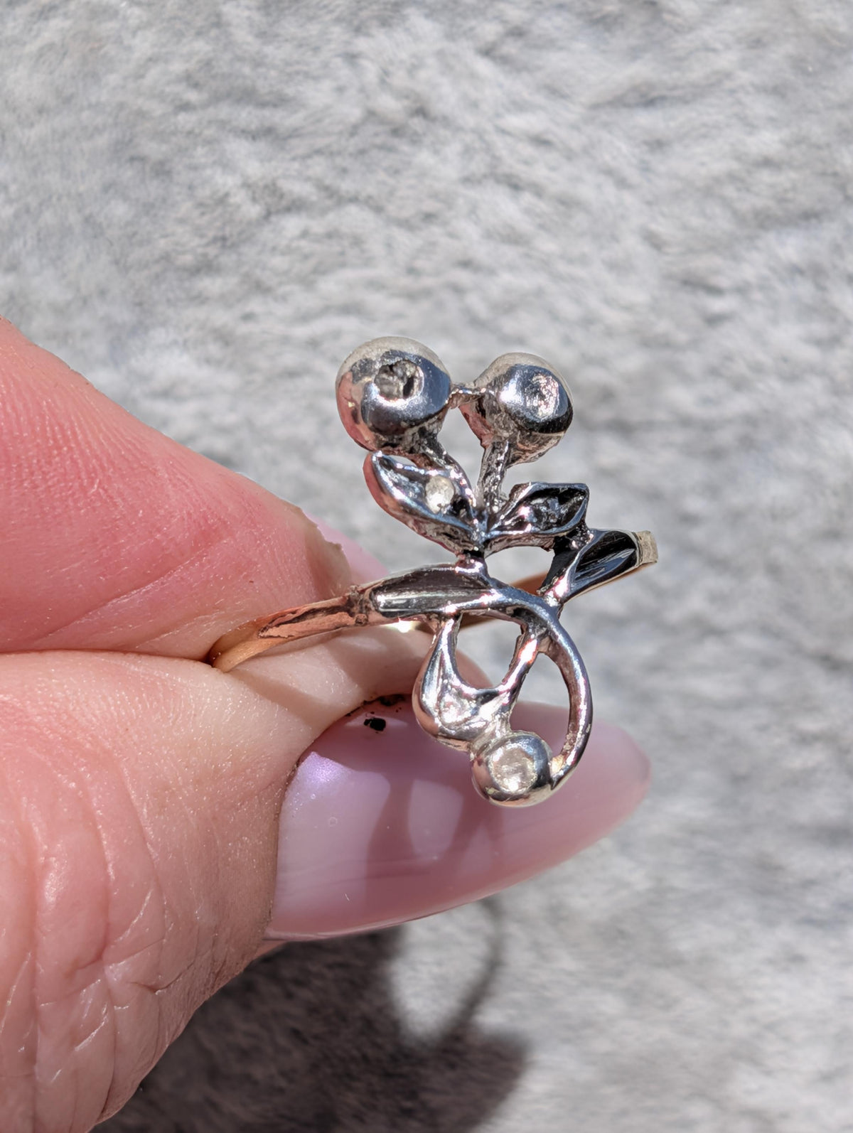 Antique Art Nouveau Diamond Ring 14k Yellow Gold Silver, 1900s Floral Openwork Rose Diamond Engagement Ring, Size 10
