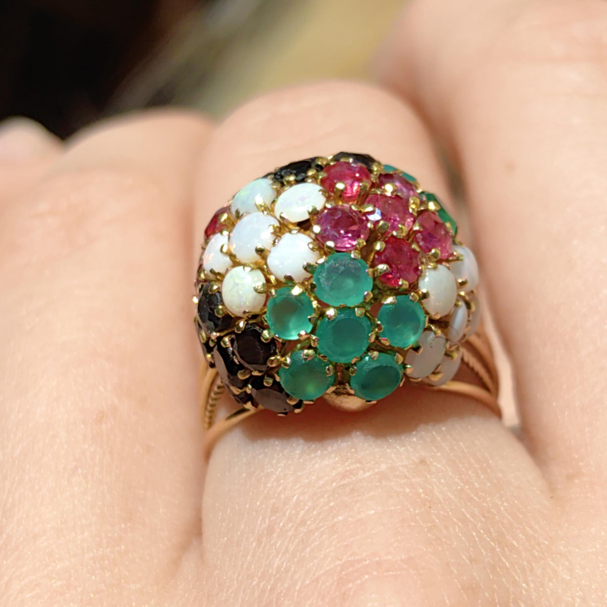 14k Gold Multi-Stone Bombe Ring: Emerald, Ruby, Opal, Sapphire Floral Design