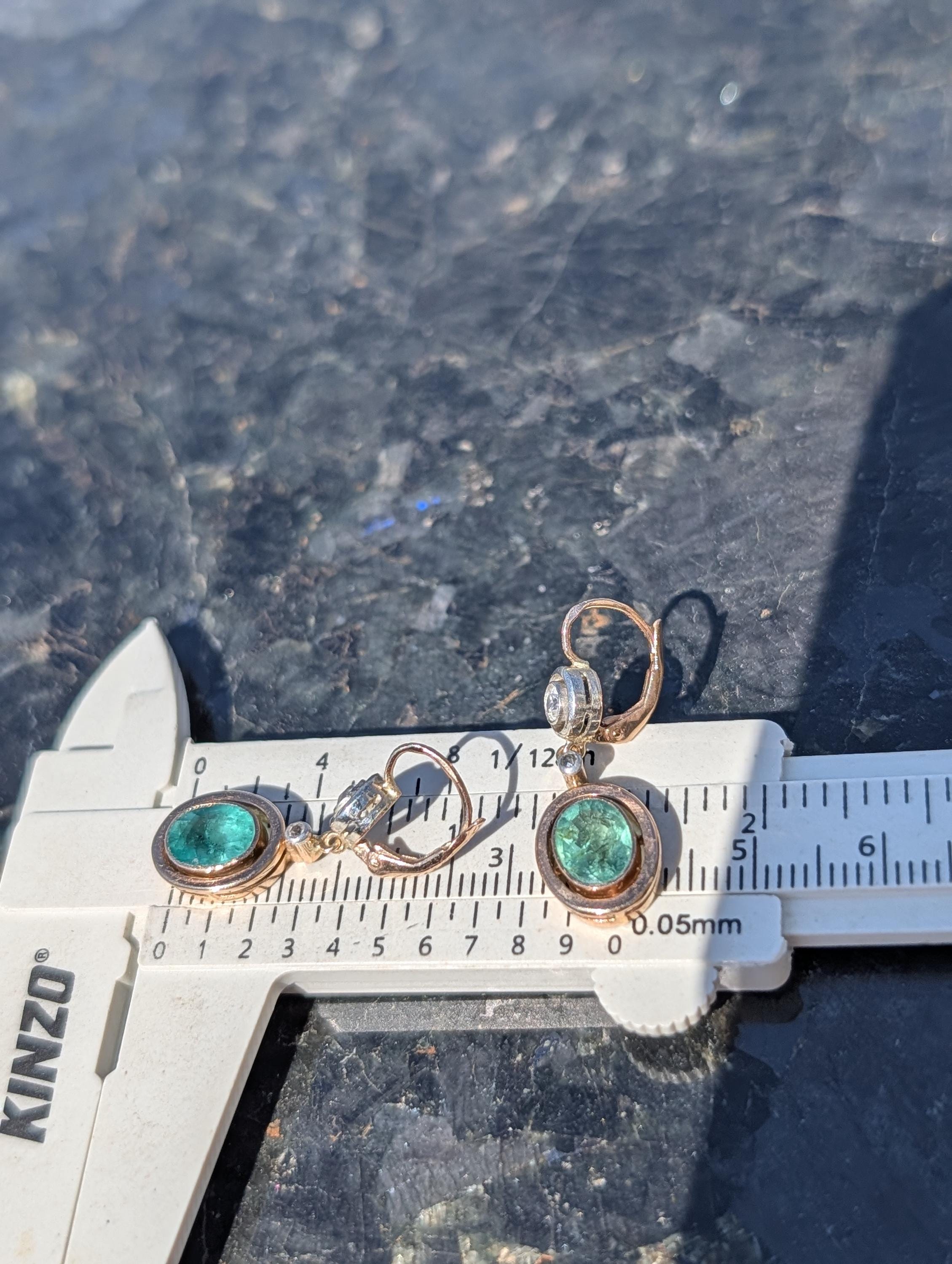 1920s Antique Emerald Diamond Dangle Drop Earrings, 14k Yellow Gold Heirloom Jewelry
