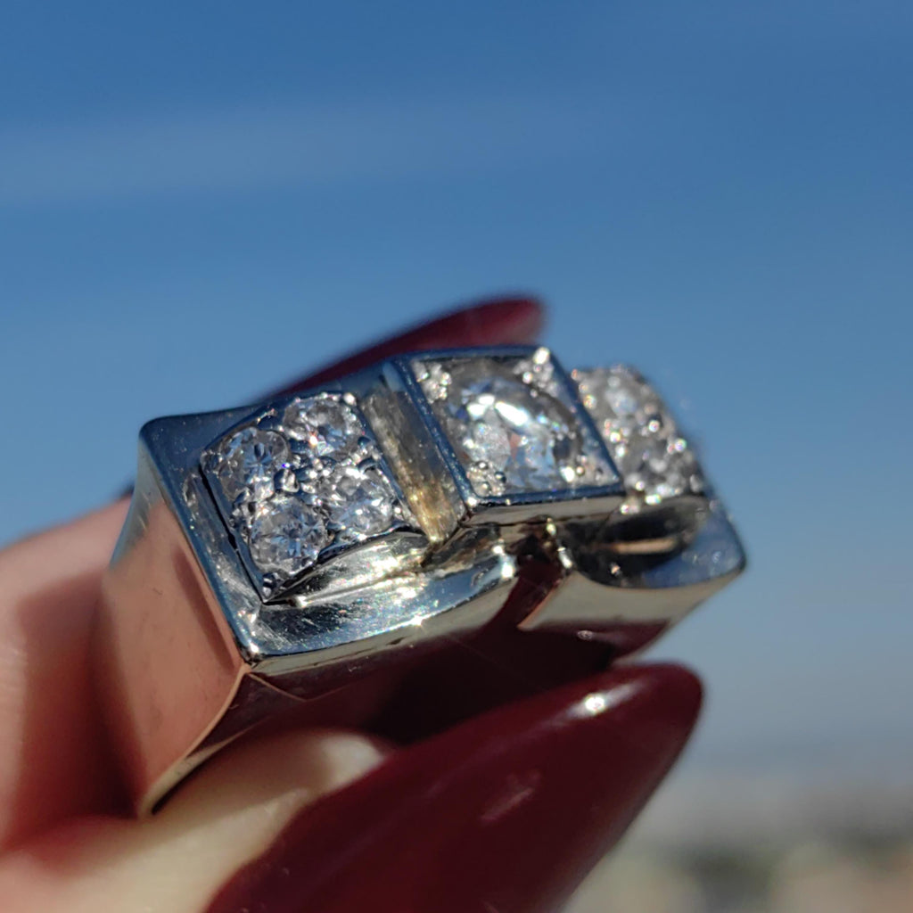 Art Deco 18k White Gold Diamond Ring, Antique Chevalier Style