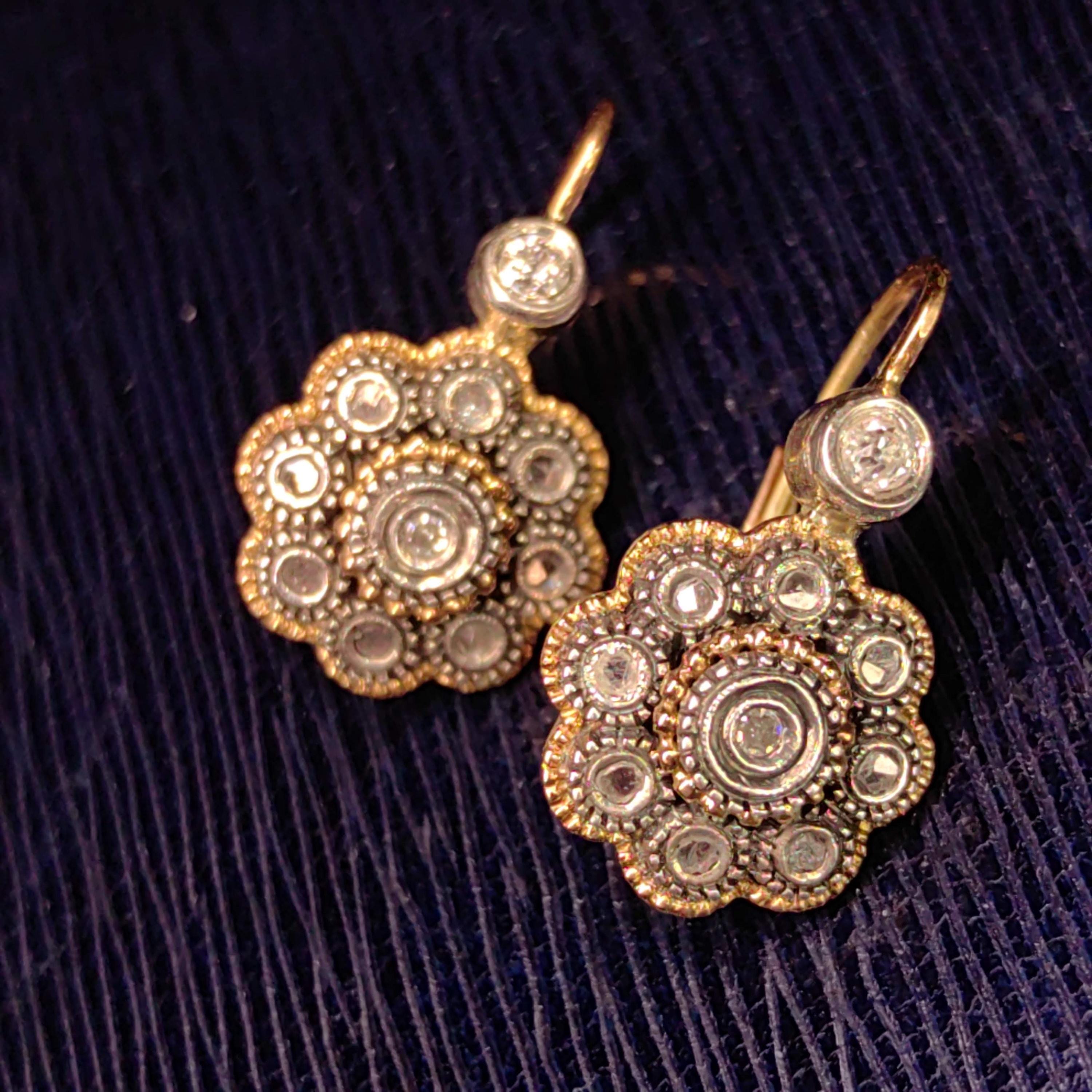 Art Deco 1920s Antique Vintage Natural Diamond in Silver Setting 14k Solid Yellow Rose Gold Statement Earrings
