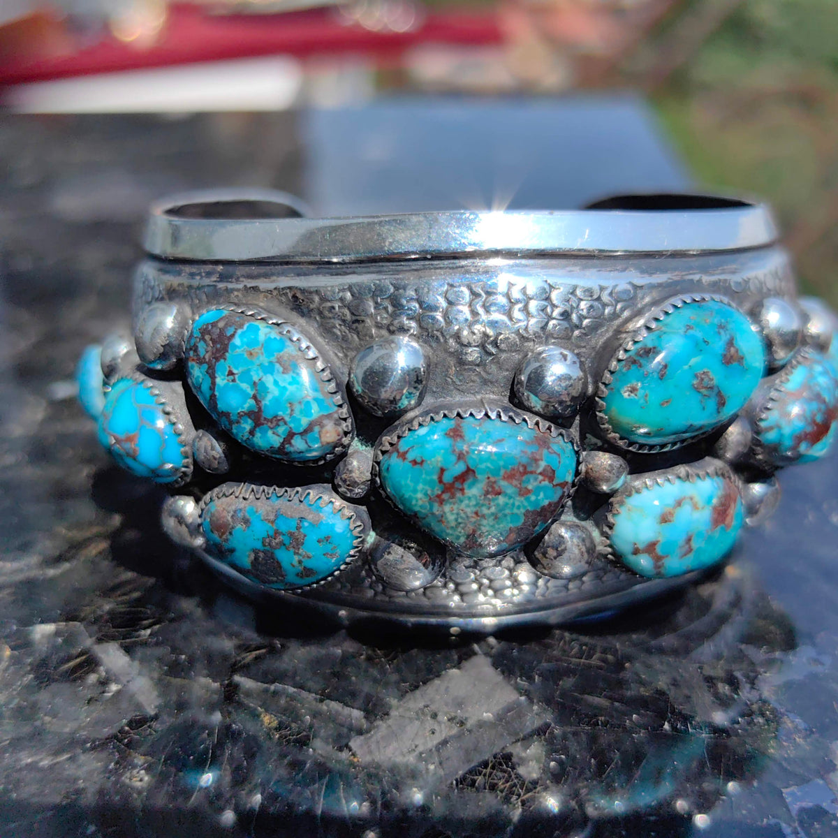 Vintage 1970s Navajo  Natural Turquoise Hallmarked Sterling Silver Massive 72 gr Bangle Bracelet