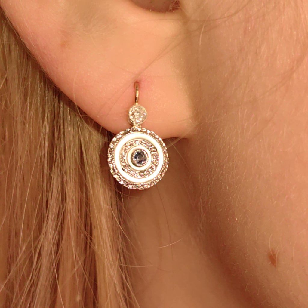 1920s Art Deco Antique Diamond and Sapphire Solid Yellow Gold Elegant Statement Earrings Lever Back Closure Gift for Her